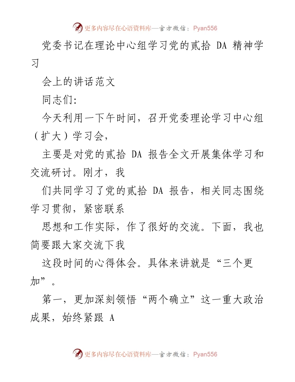 [发言] 理论中心组学习会 - 深刻领悟党的贰拾 DA 精神，紧密联系实际推动发展.docx_第1页