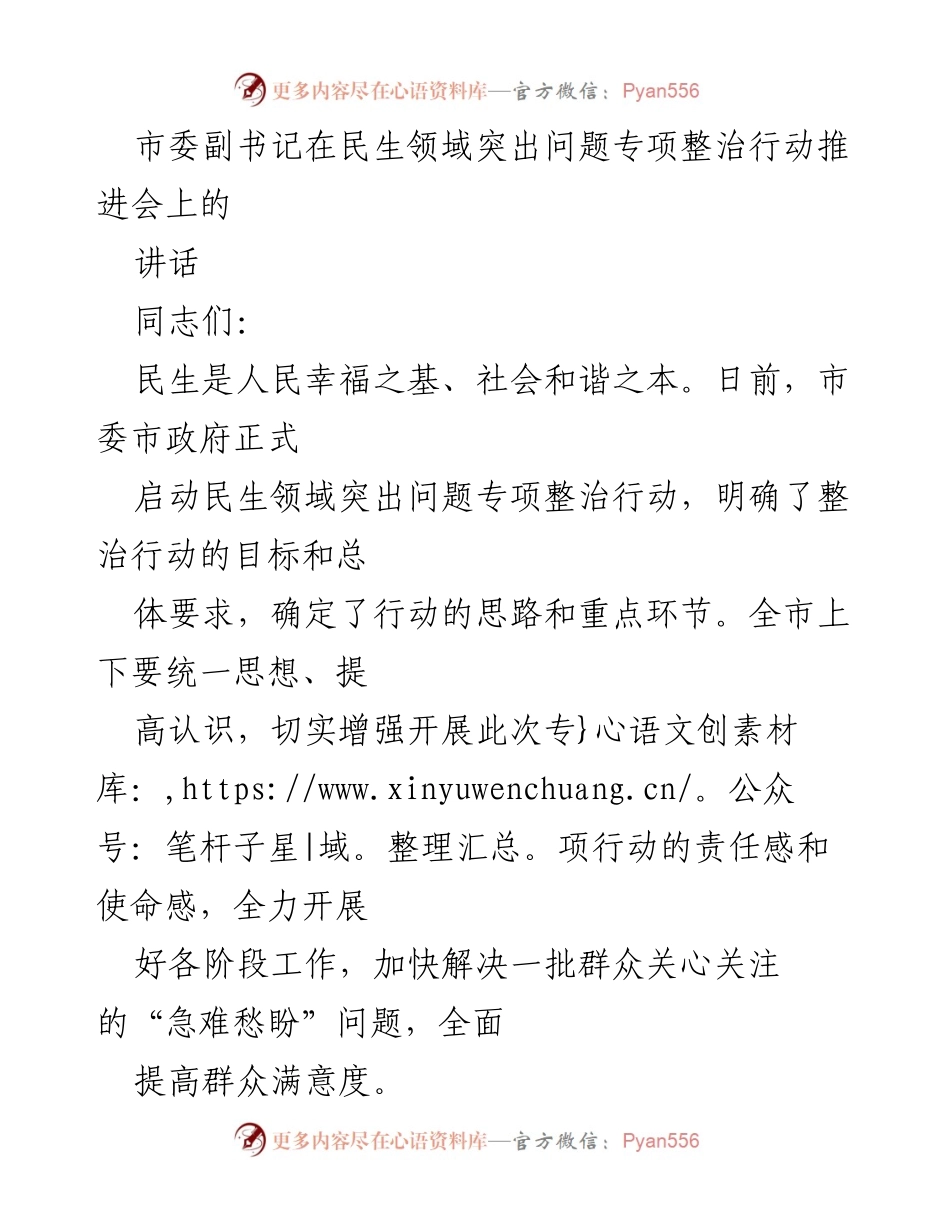 [发言] 民生领域突出问题专项整治行动推进会 - 加快推进民生领域突出问题专项整治行动，提升群众满意度.docx_第1页