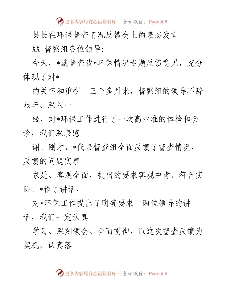 [发言] 环保督查情况反馈会 - 坚决落实环保督查反馈，全面推进整改工作.docx_第1页