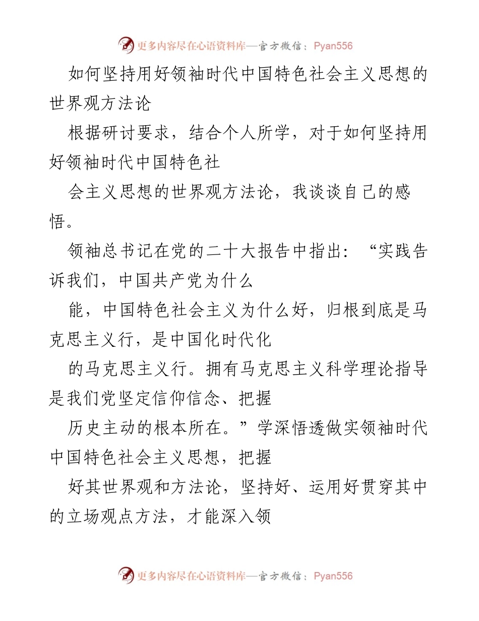 [发言] 研讨会 - 坚持用好领袖时代中国特色社会主义思想的世界观与方法论.docx_第1页