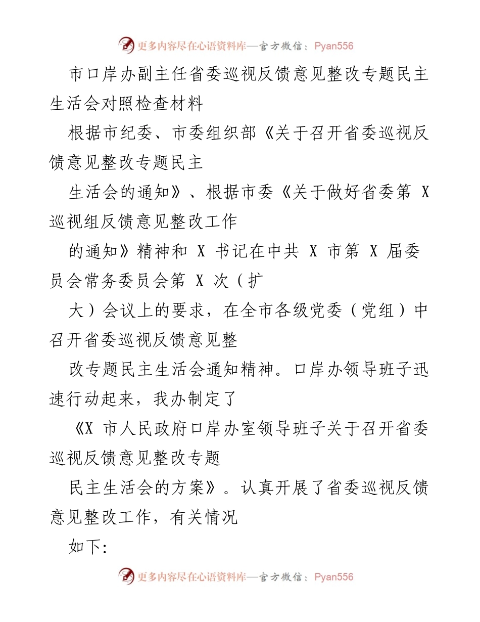 [发言] 省委巡视反馈整改专题民主生活会 - 市口岸办对照检查材料总结.docx_第1页