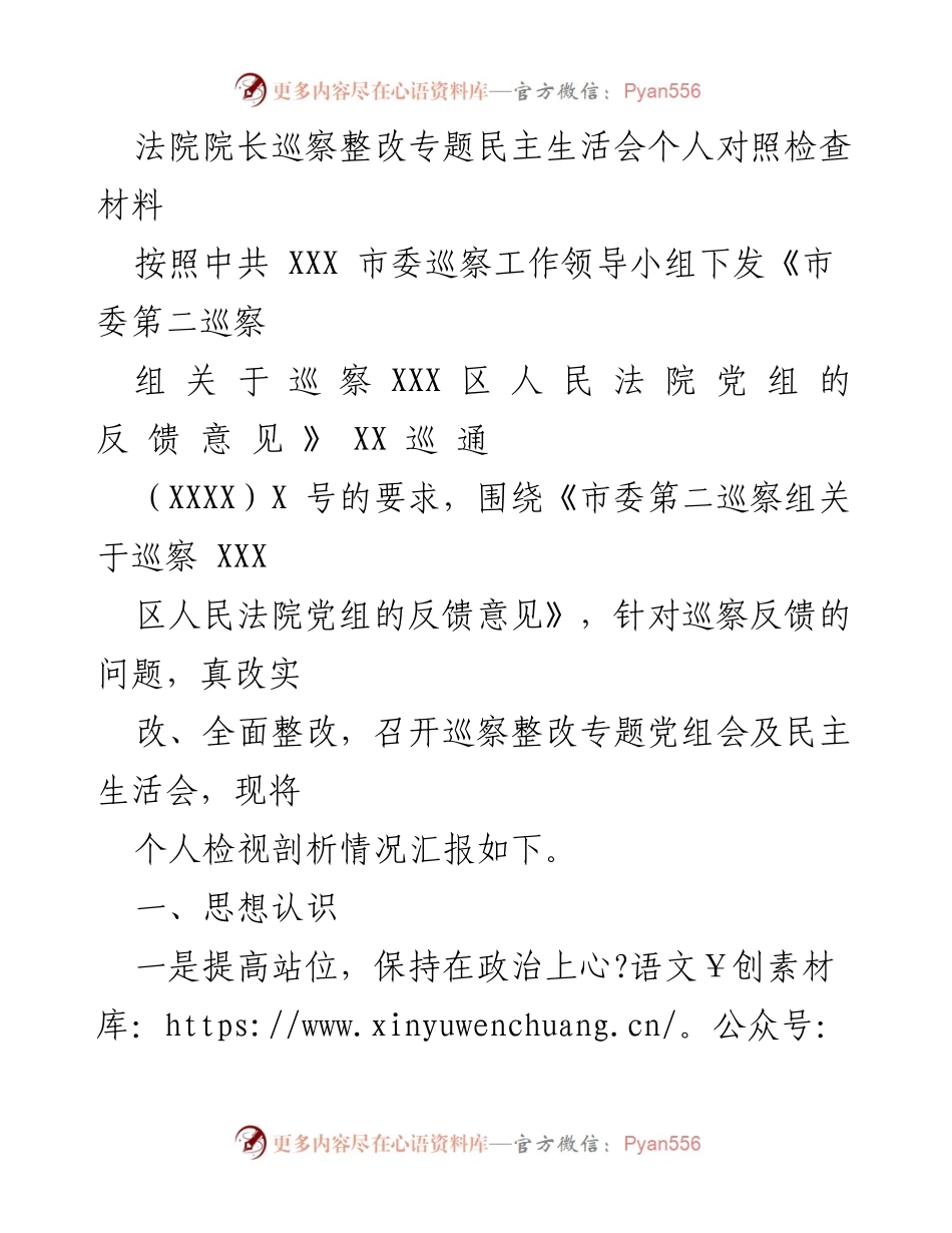 [发言] 法院院长巡察整改专题民主生活会 - 巡察整改中的自我检视与反思.docx_第1页