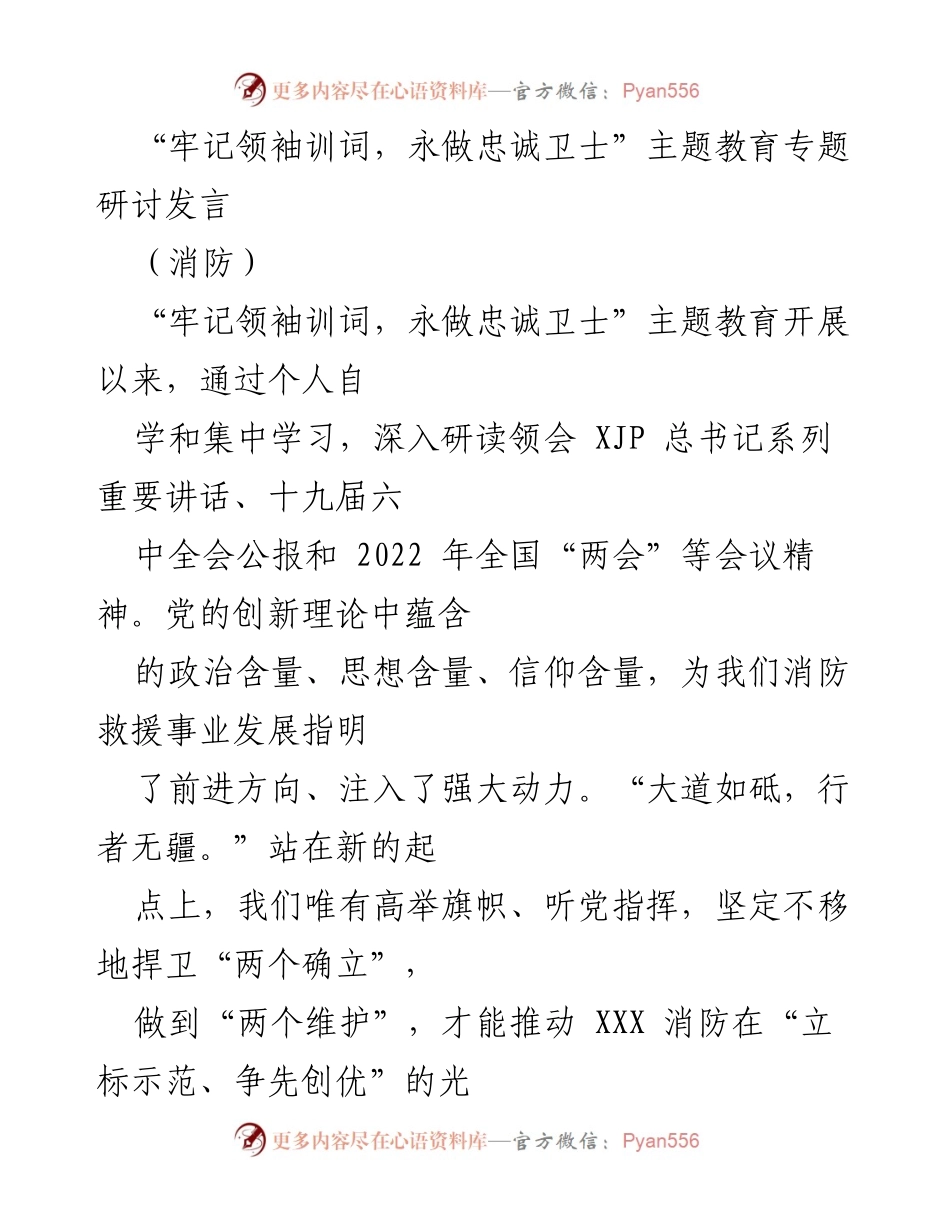 [发言] 消防主题教育研讨 - 牢记领袖训词，永做忠诚卫士的实践与思考.docx_第1页