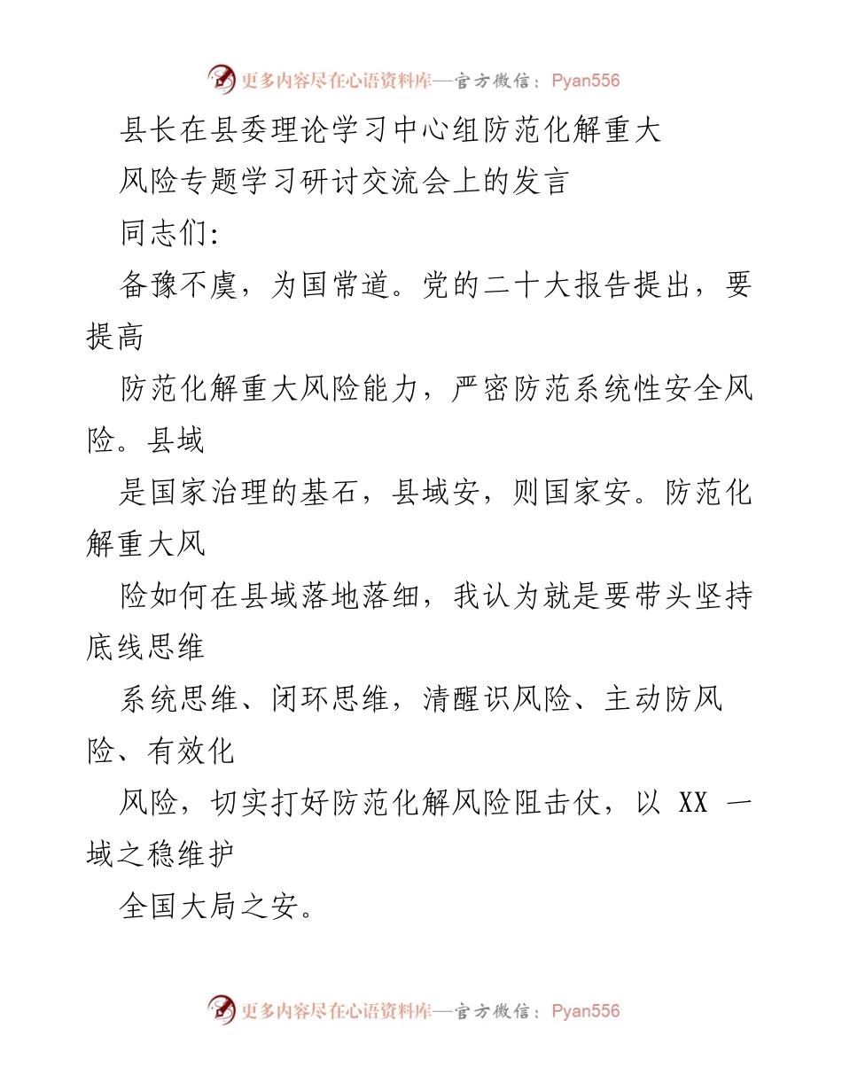 [发言] 理论学习中心组防范化解重大风险专题研讨会 - 加强县域风险防范能力，确保国家安全.docx_第1页