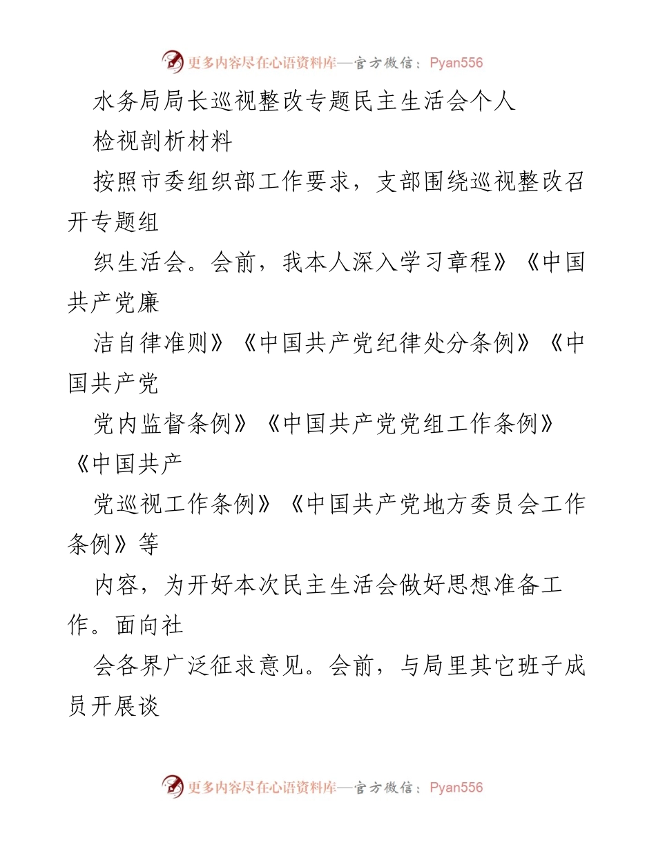 [发言] 水务局巡视整改专题民主生活会 - 整改自查与提升：水务局局长的反思与行动计划.docx_第1页