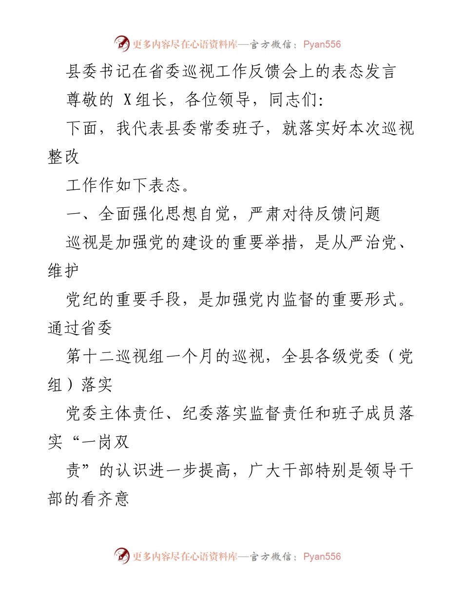 [发言] 省委巡视工作反馈会 - 县委书记表态发言：强化整改落实，推动党风廉政建设_1.docx_第1页