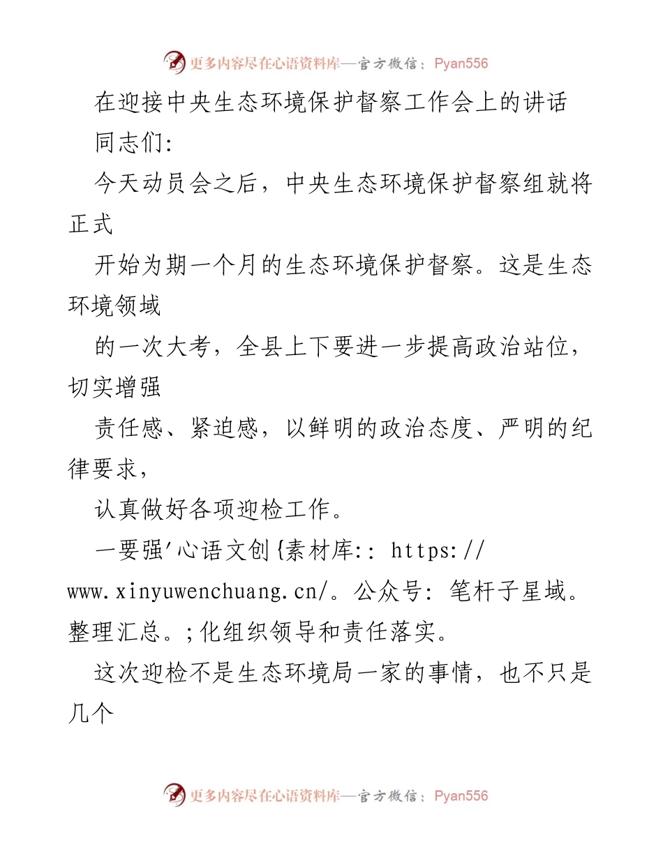 [发言] 生态环境保护督察动员会 - 强化责任落实，迎接中央生态环境保护督察.docx_第1页