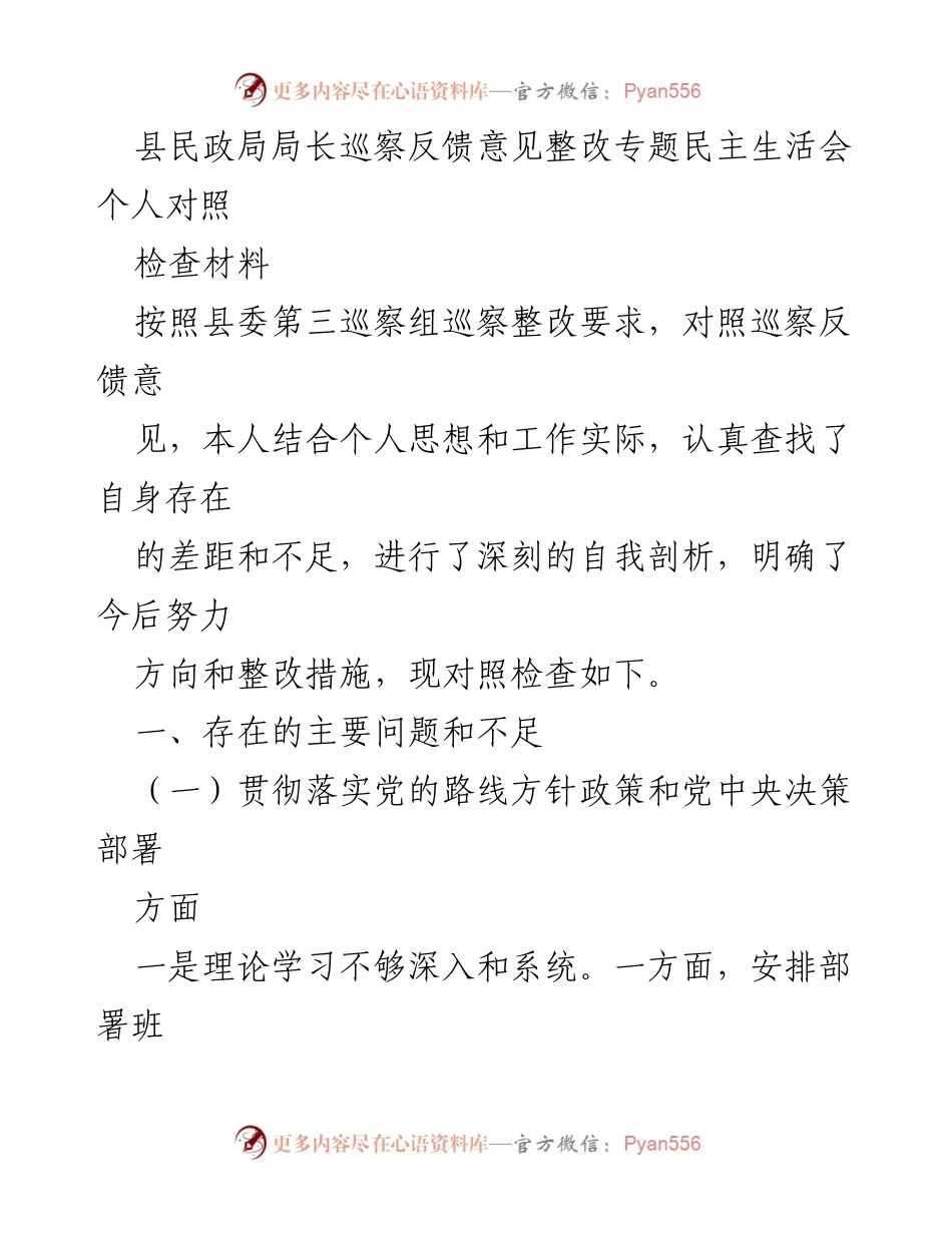 [发言] 民政局局长巡察整改专题民主生活会 - 巡察整改反馈自查与改进措施总结.docx_第1页