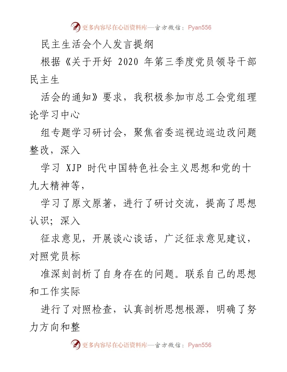 [发言] 民主生活会 - 深化理论学习与整改落实的个人反思.docx_第1页