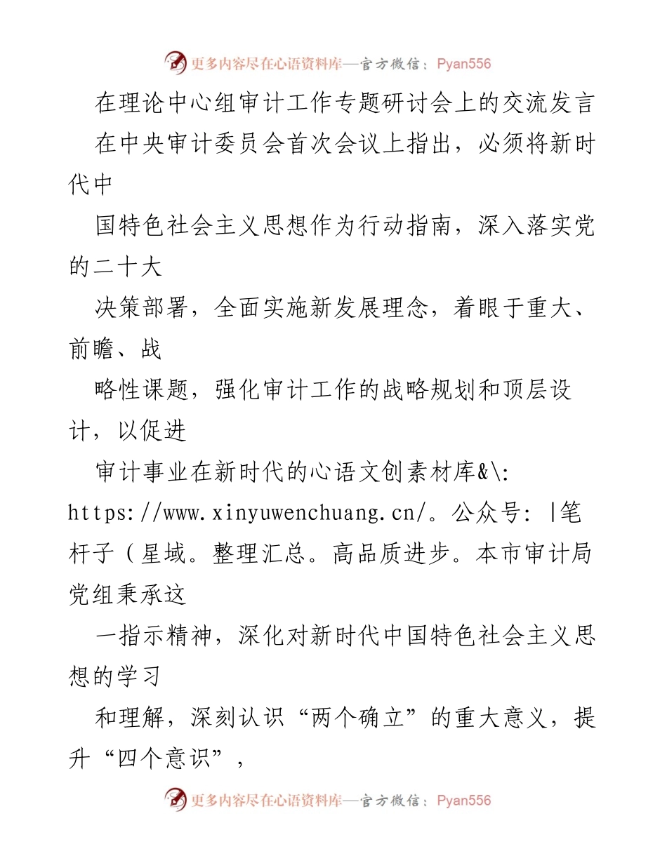 [发言] 理论中心组审计工作专题研讨会 - 深化新时代中国特色社会主义思想，提升审计工作质量.docx_第1页