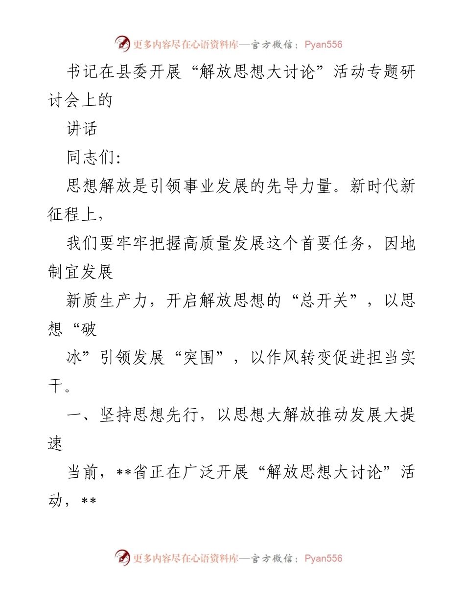 [发言] 研讨会 - 解放思想引领高质量发展新征程.docx_第1页