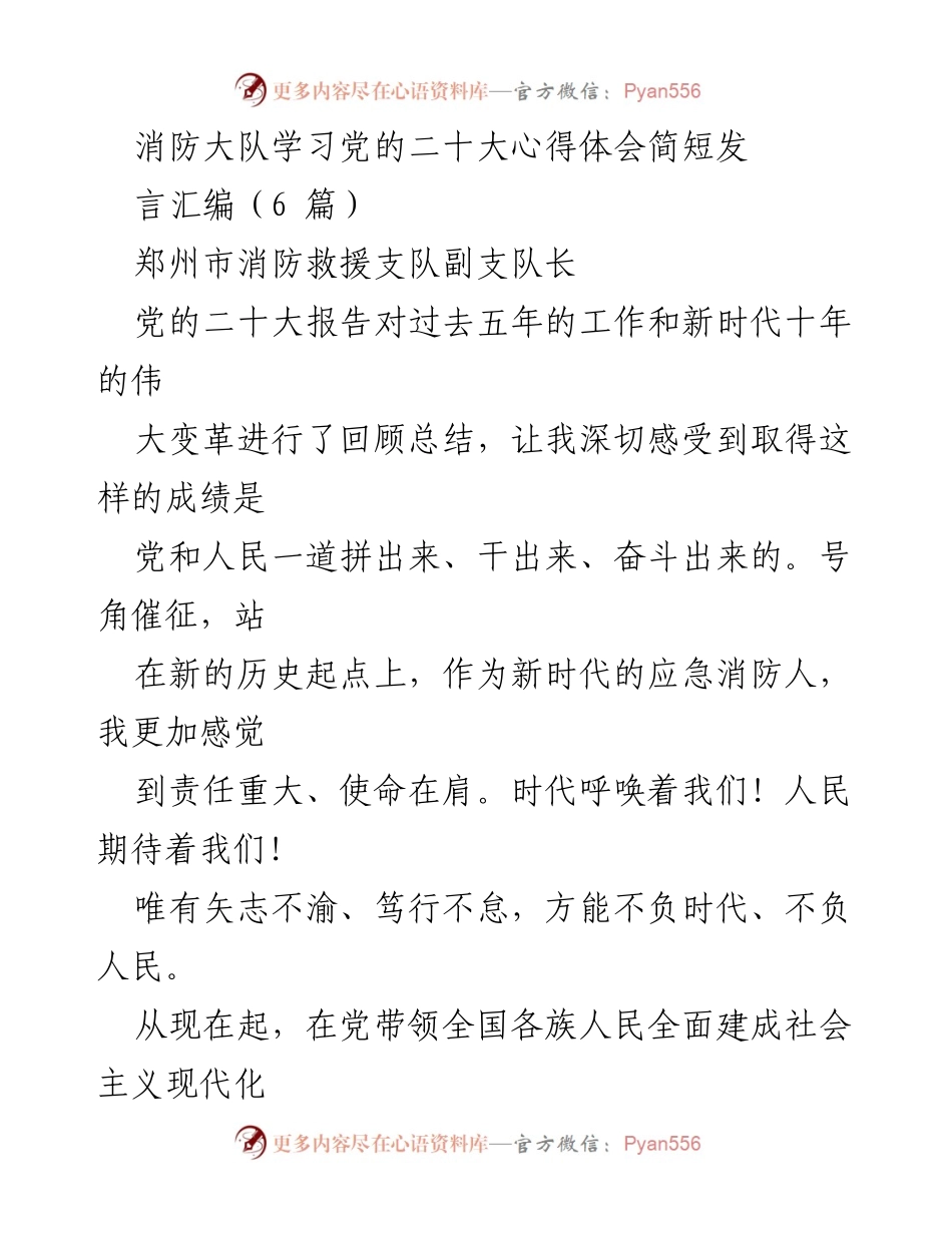 [发言] 消防大队学习党的二十大心得体会 - 坚守初心，奋进新时代：消防救援队伍的使命与担当.docx_第1页