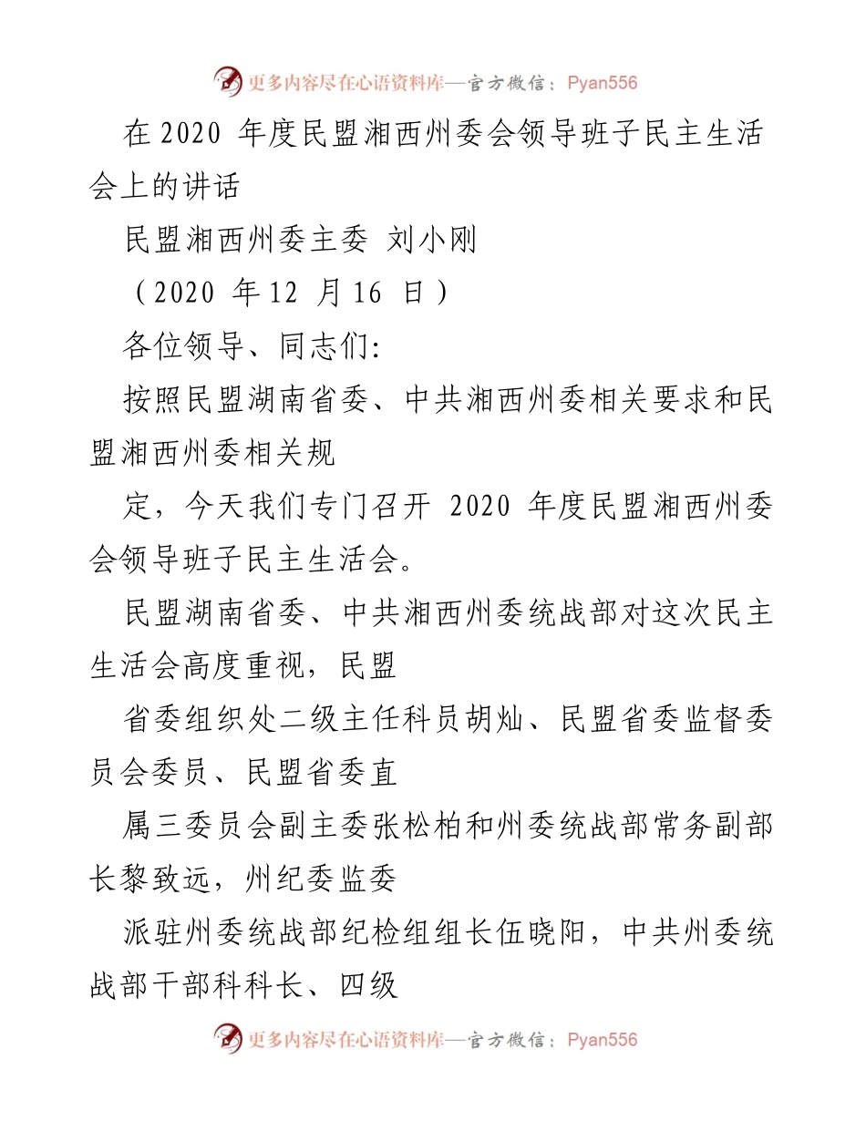 [发言] 民盟湘西州委会领导班子民主生活会 - 2020年度工作总结与发展目标发言.docx_第1页