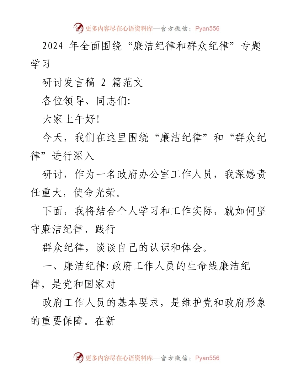 [发言] 研讨会 - 廉洁与群众纪律：政府工作人员的责任与使命.docx_第1页