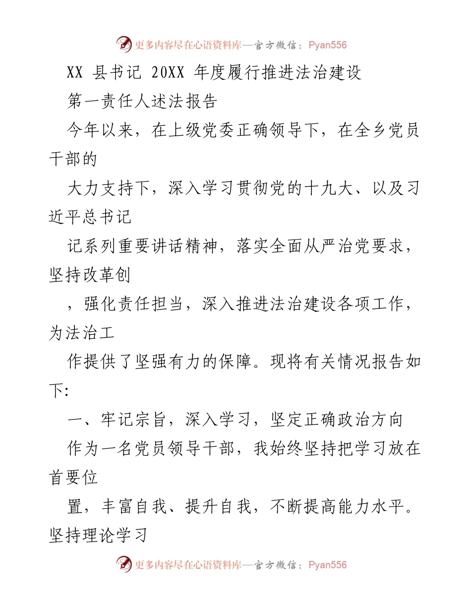 [发言] 法治建设推进会议 - XX 县书记年度法治建设述法报告.docx_第1页