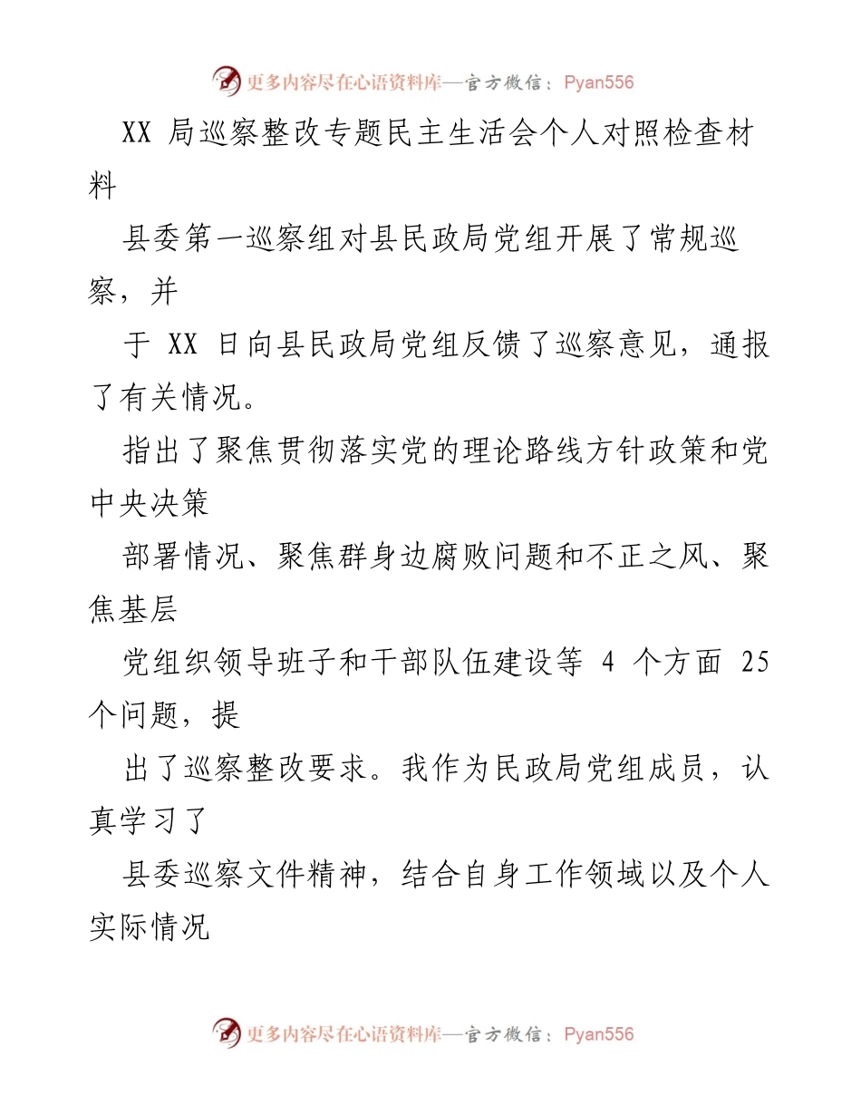 [发言] 民政局巡察整改专题民主生活会 - 巡察整改专题民主生活会个人对照检查材料.docx_第1页