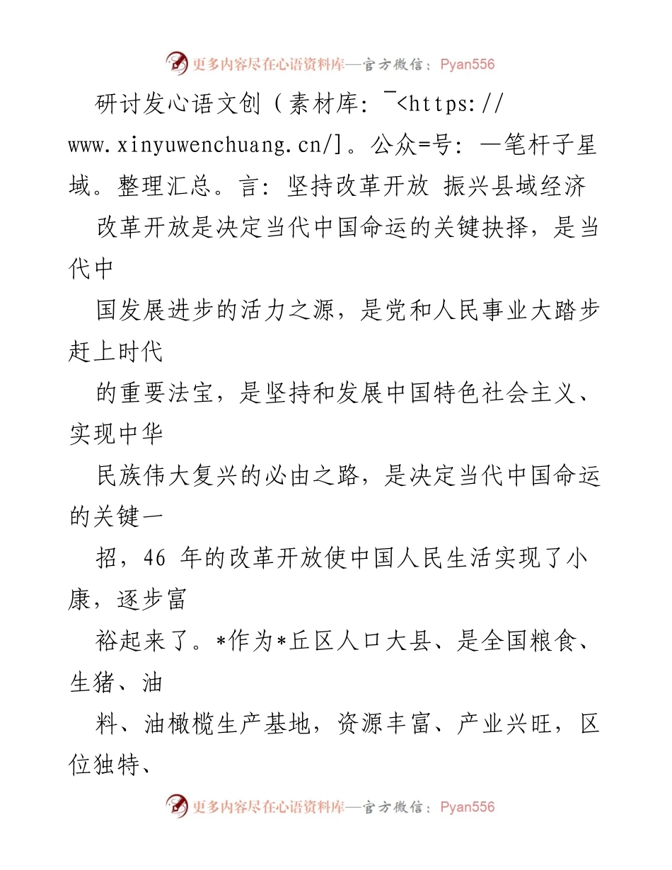 [发言] 研讨会 - 坚持改革开放，助力县域经济高质量发展.docx_第1页