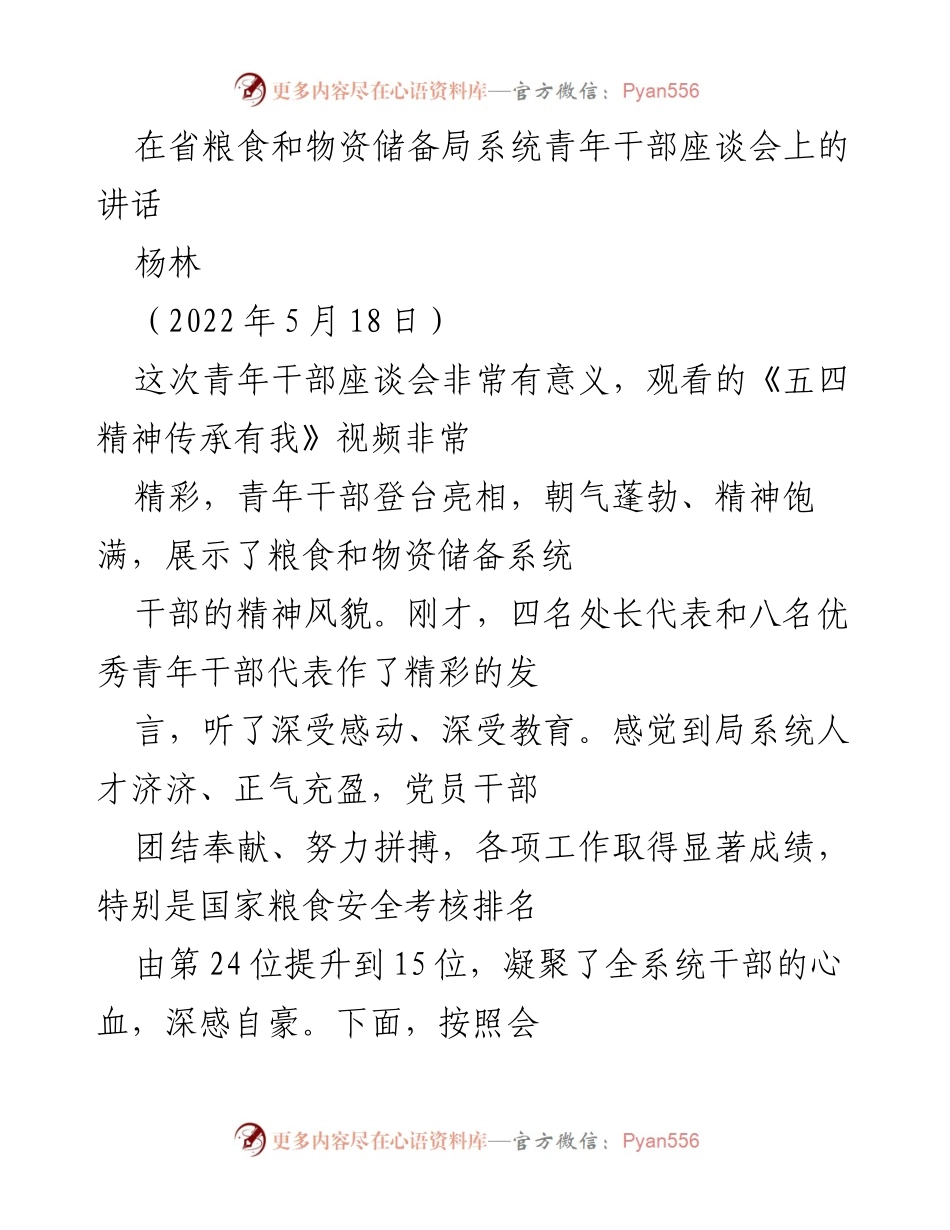 [发言] 省粮食和物资储备局青年干部座谈会 - 青年干部的理想信念与责任担当.docx_第1页