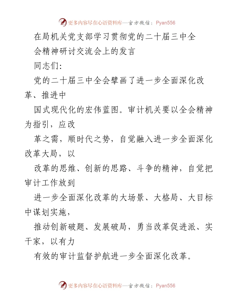 [发言] 研讨交流会 - 深入贯彻党的二十届三中全会精神，推动审计工作改革与发展.docx_第1页