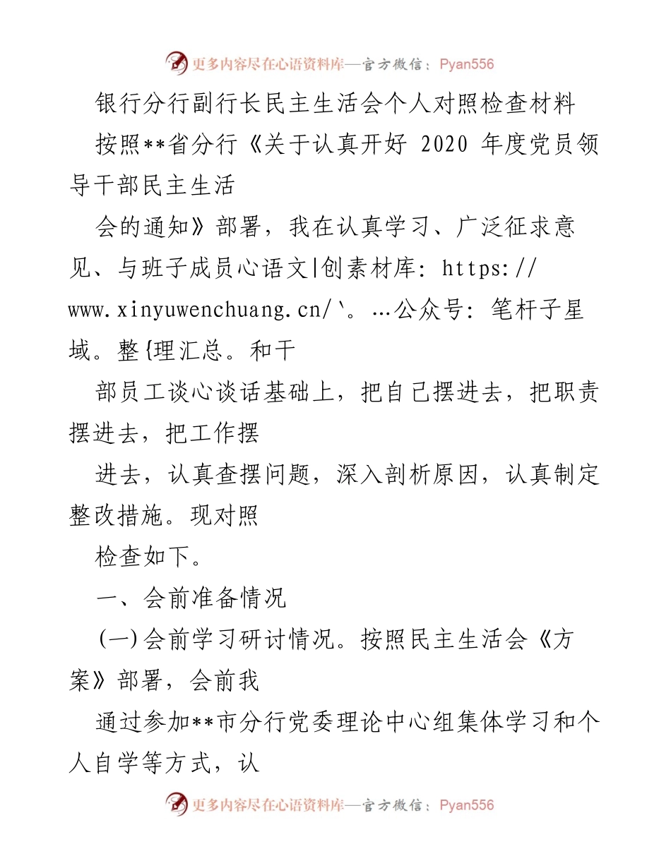[发言] 民主生活会 - 银行分行副行长个人对照检查及整改措施.docx_第1页