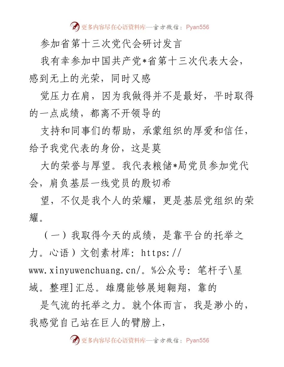[发言] 省第十三次党代会 - 立足粮储，奉献精神，共创辉煌.docx_第1页