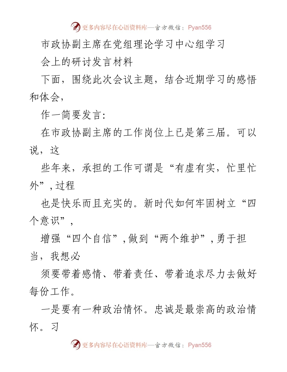 [发言] 理论学习中心组会议 - 市政协副主席关于新时代政协工作的研讨发言.docx_第1页