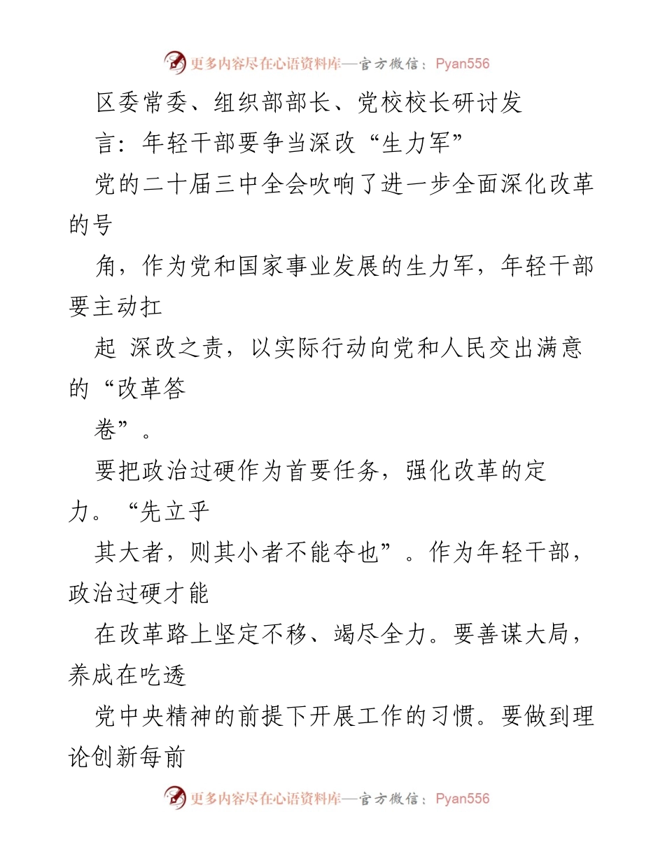 [发言] 研讨会 - 年轻干部争当深化改革的先锋力量.docx_第1页