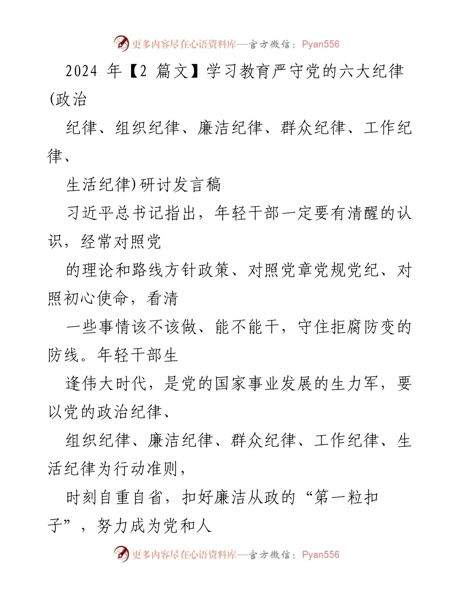 [发言] 研讨会 - 年轻干部应严守党的六大纪律，做忠诚可靠的干部.docx_第1页