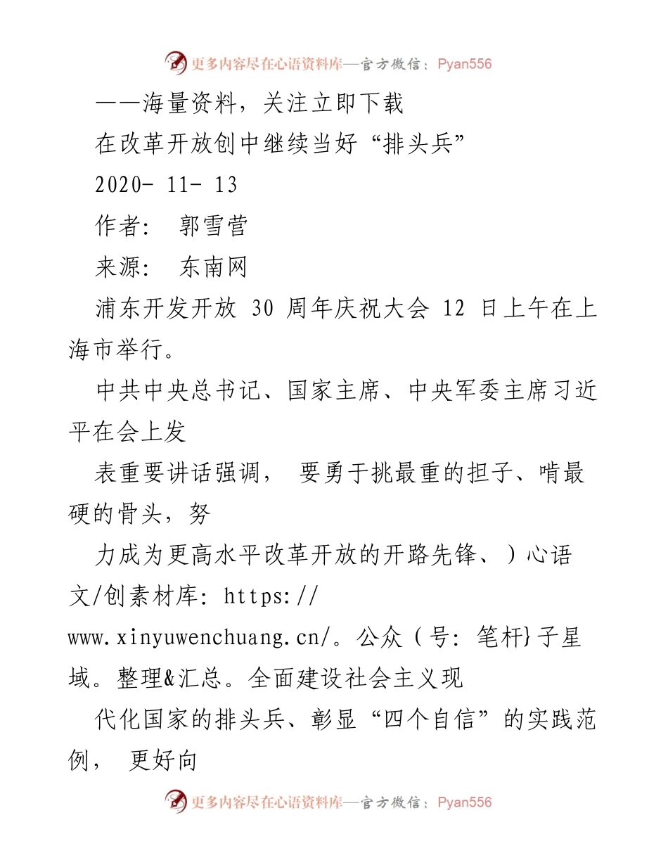 [发言] 浦东开发开放30周年庆祝大会 - 强调浦东在改革开放中的排头兵角色.docx_第1页