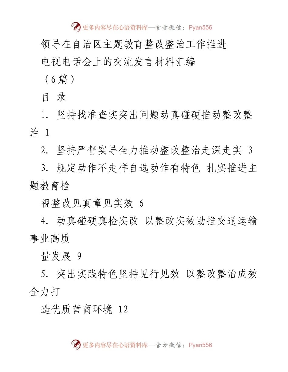 [发言] 电视电话会 - 主题教育整改整治工作推进发言材料汇编.docx_第1页