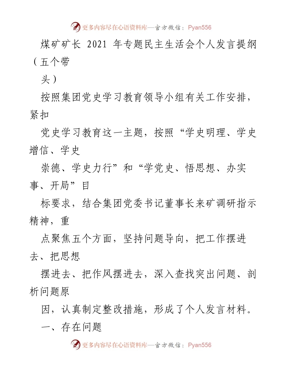 [发言] 煤矿专题民主生活会 - 煤矿矿长的党史学习教育个人发言提纲.docx_第1页