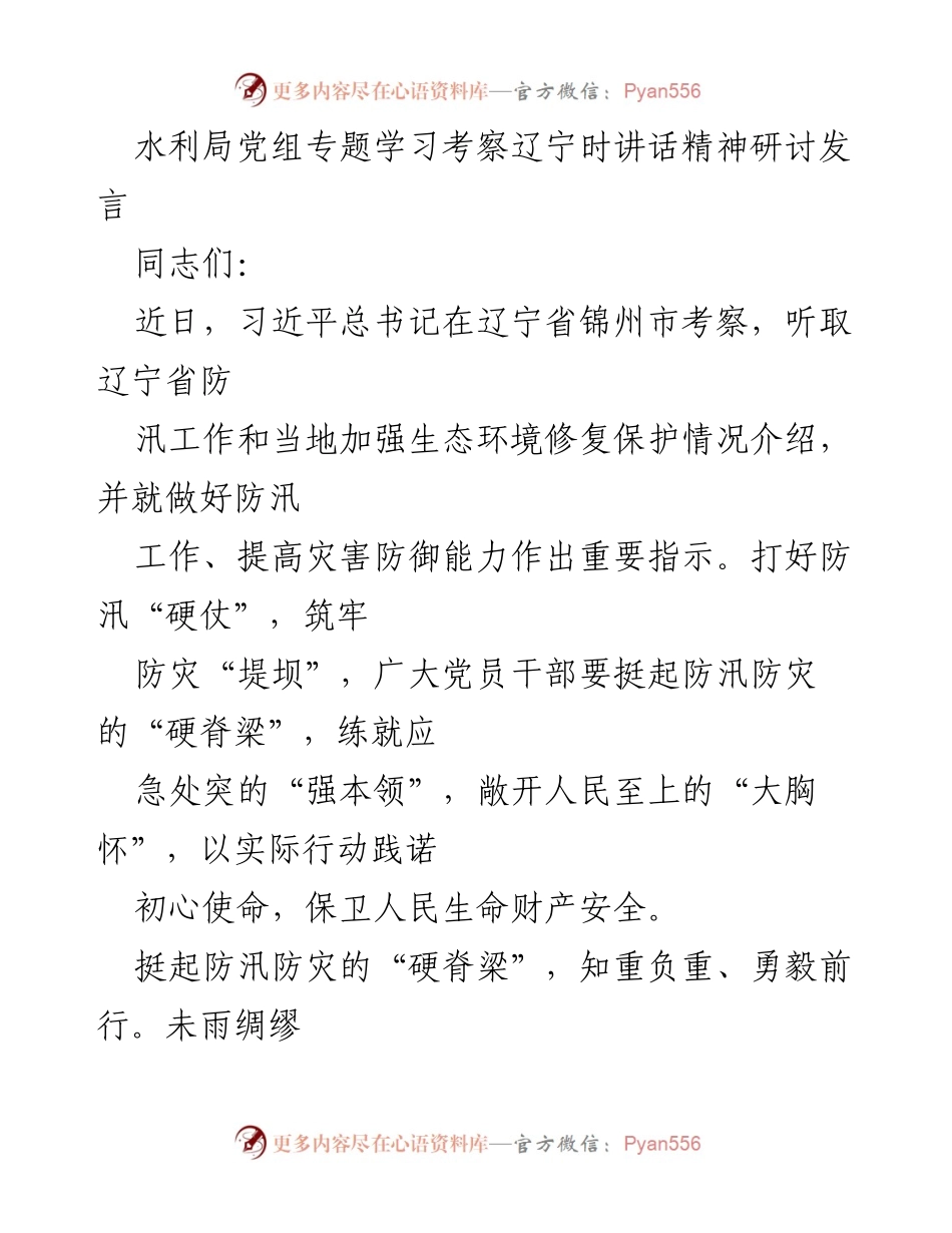 [发言] 水利局党组专题学习 - 加强防汛工作，筑牢人民生命财产安全的堤坝.docx_第1页
