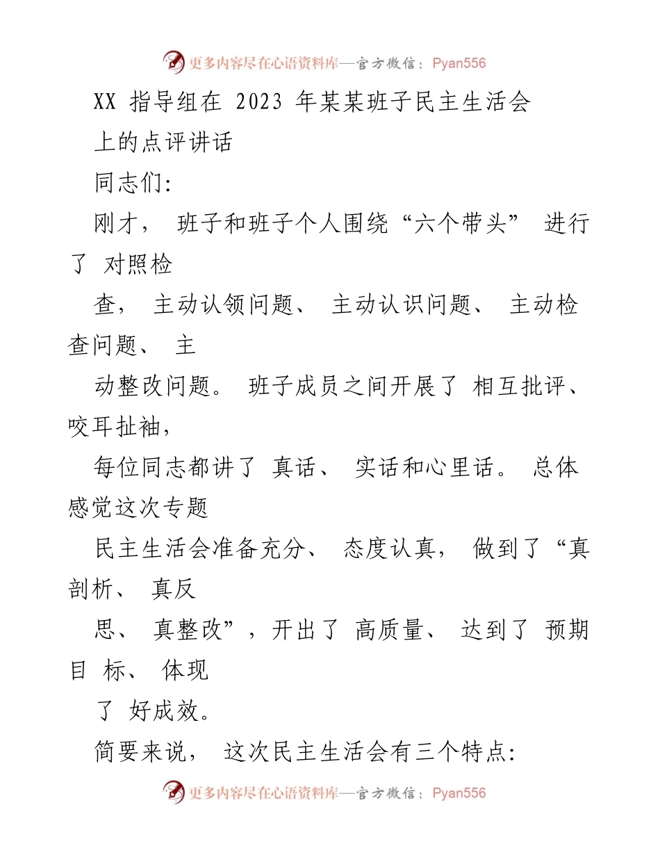 [发言] 班子民主生活会 - 高质量民主生活会点评及整改建议.docx_第1页