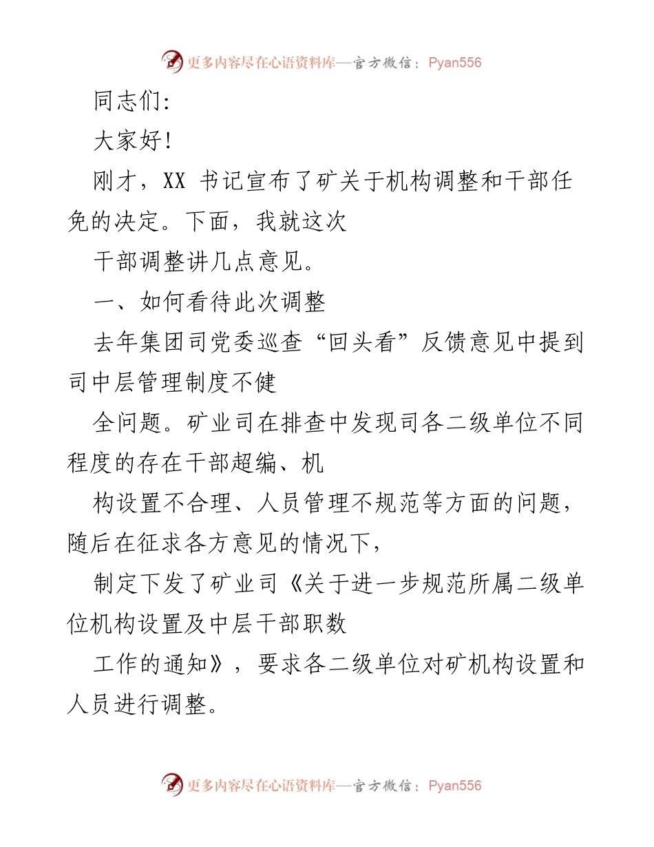 [发言] 矿业干部调整会议 - 矿业司干部调整的重要性与实施方案解读.docx_第1页