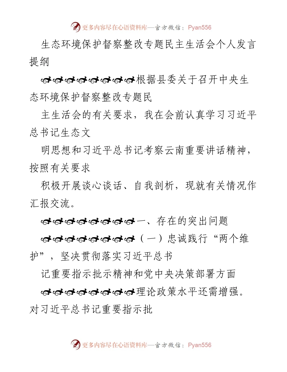 [发言] 生态环境保护督察整改专题民主生活会 - 个人发言提纲：深入剖析存在问题与改进措施.docx_第1页