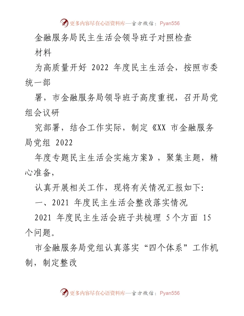 [发言] 民主生活会 - 金融服务局领导班子对照检查与整改落实情况报告.docx_第1页