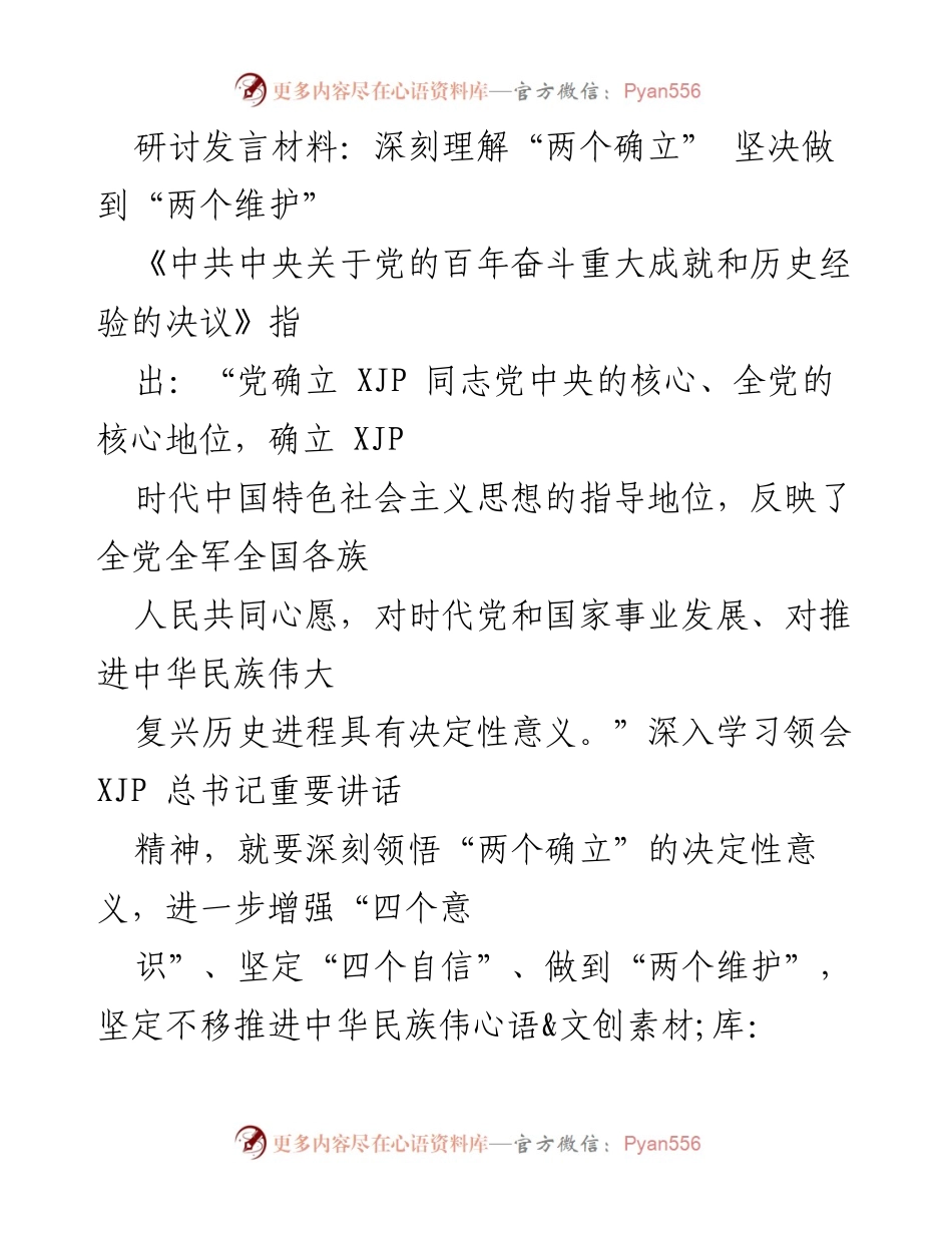 [发言] 研讨会 - 深刻理解“两个确立”，坚决做到“两个维护”.docx_第1页