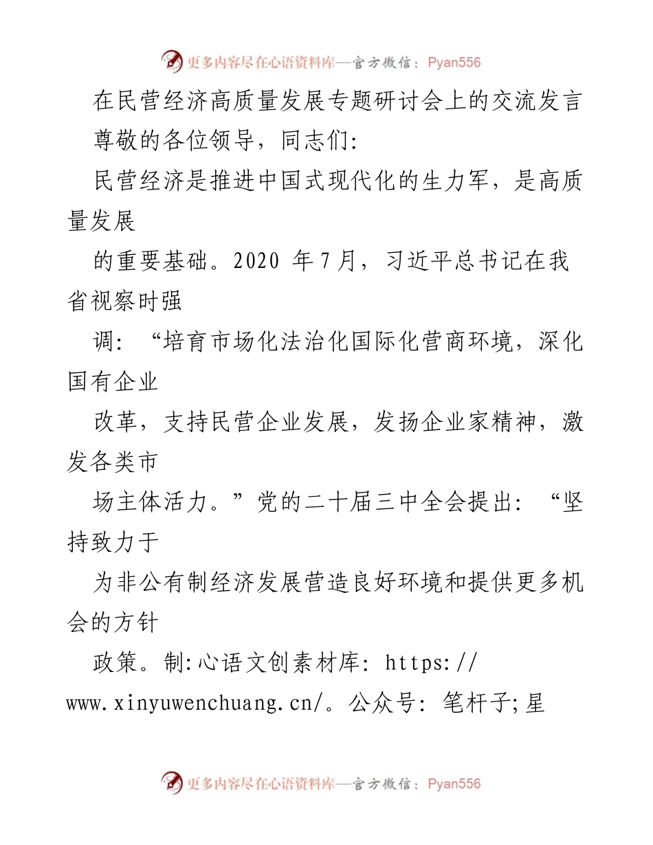 [发言] 民营经济高质量发展专题研讨会 - 推动民营经济高质量发展的制度与市场环境优化建议.docx_第1页