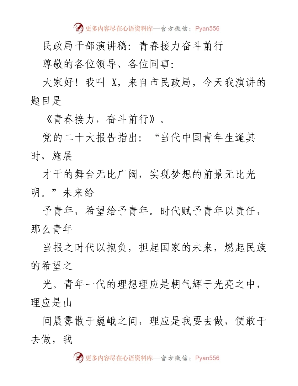 [发言] 民政局干部大会 - 青春接力，奋斗前行.docx_第1页