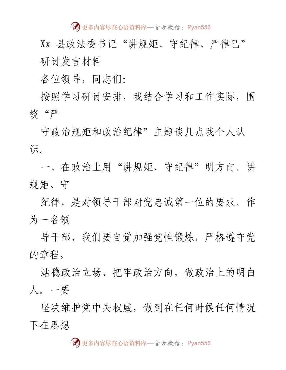 [发言] 研讨会 - 政治规矩与纪律的重要性与实践.docx_第1页