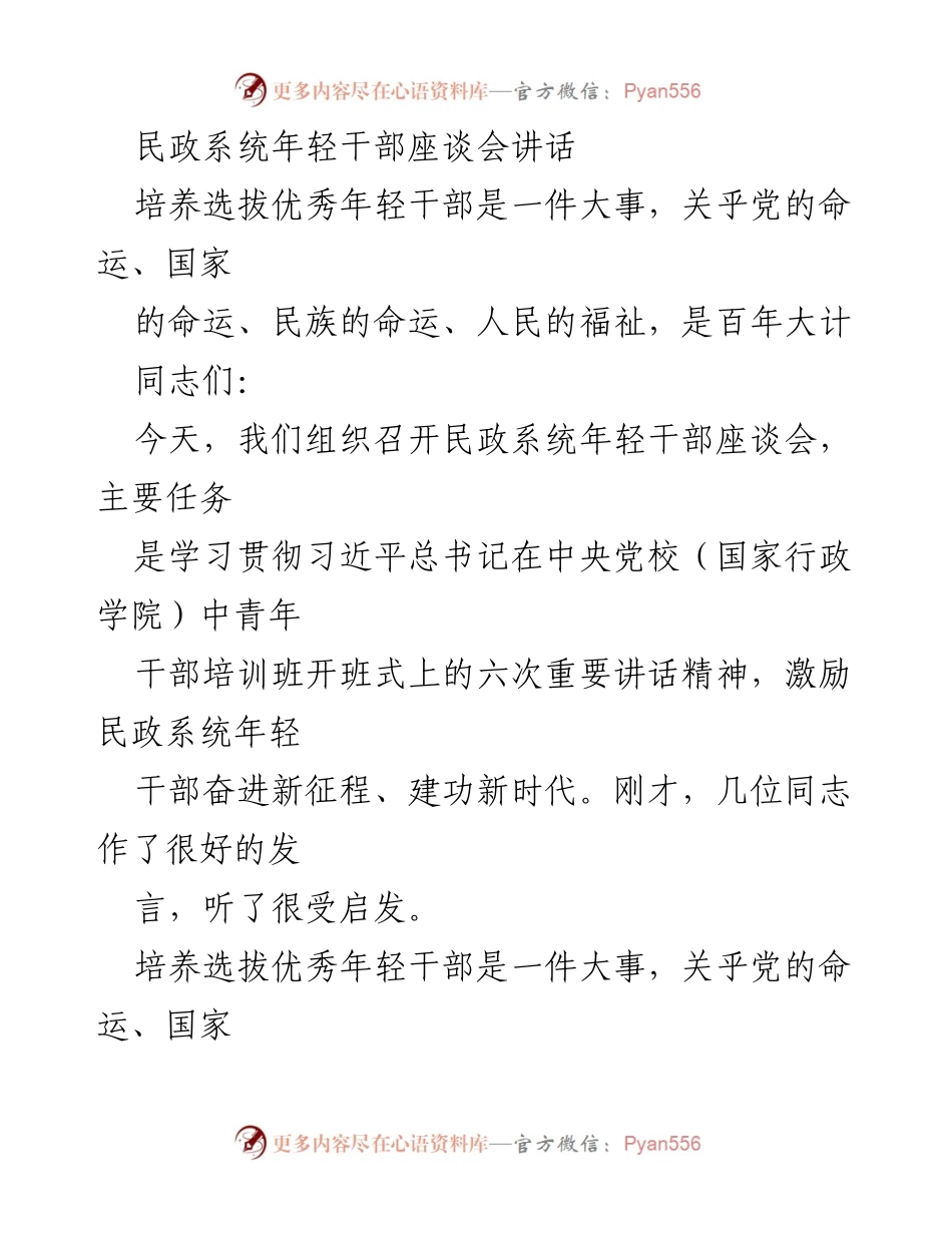 [发言] 民政系统年轻干部座谈会 - 培养优秀年轻干部，推动民政事业高质量发展.docx_第1页
