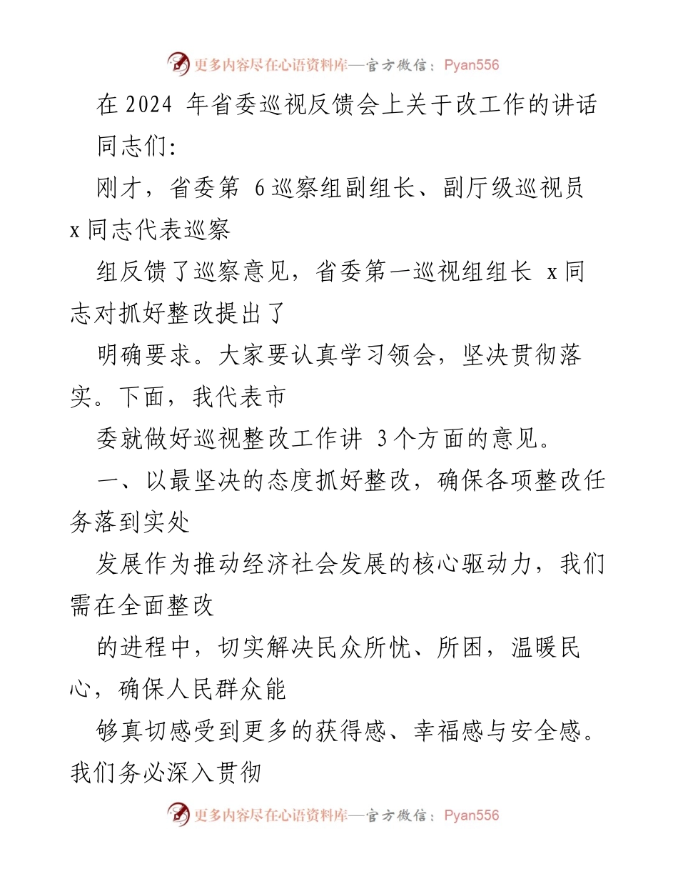 [发言] 省委巡视反馈会 - 确保巡视整改落到实处的三项意见.docx_第1页