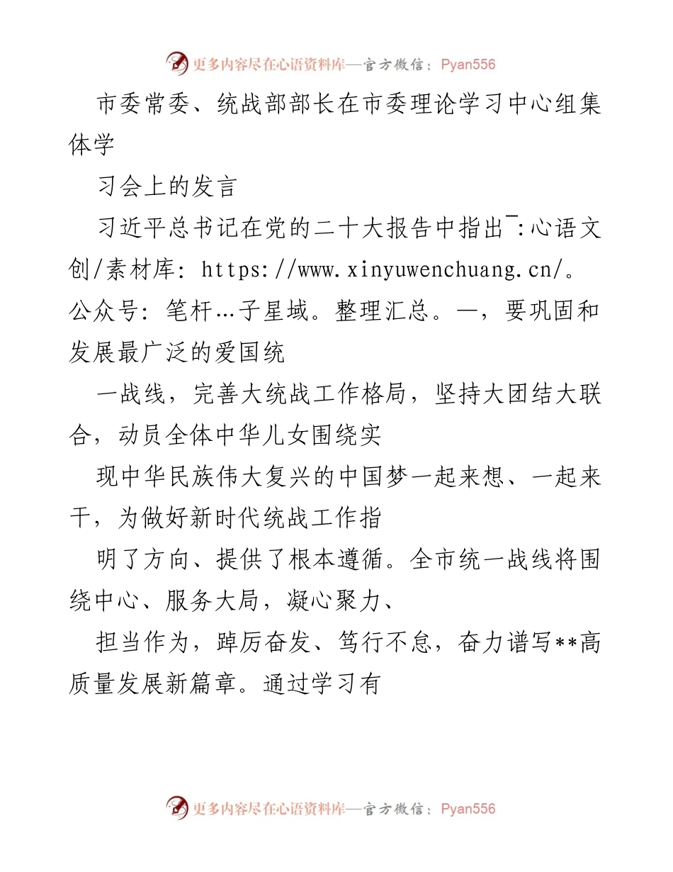 [发言] 理论学习中心组集体学习会 - 坚持大团结大联合，奋力谱写高质量发展新篇章.docx_第1页