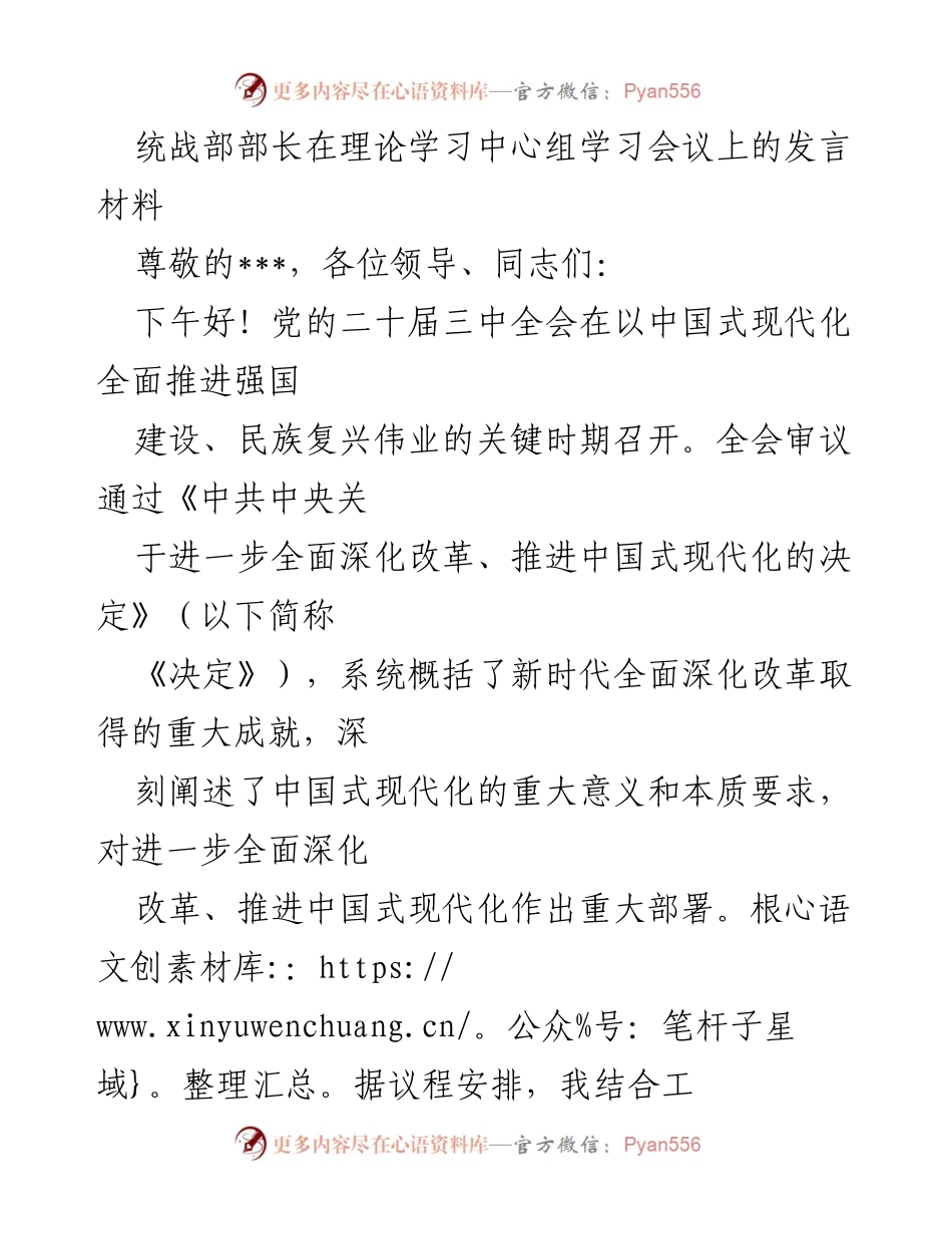 [发言] 理论学习中心组学习会议 - 深入学习党的二十届三中全会精神，推进中国式现代化.docx_第1页