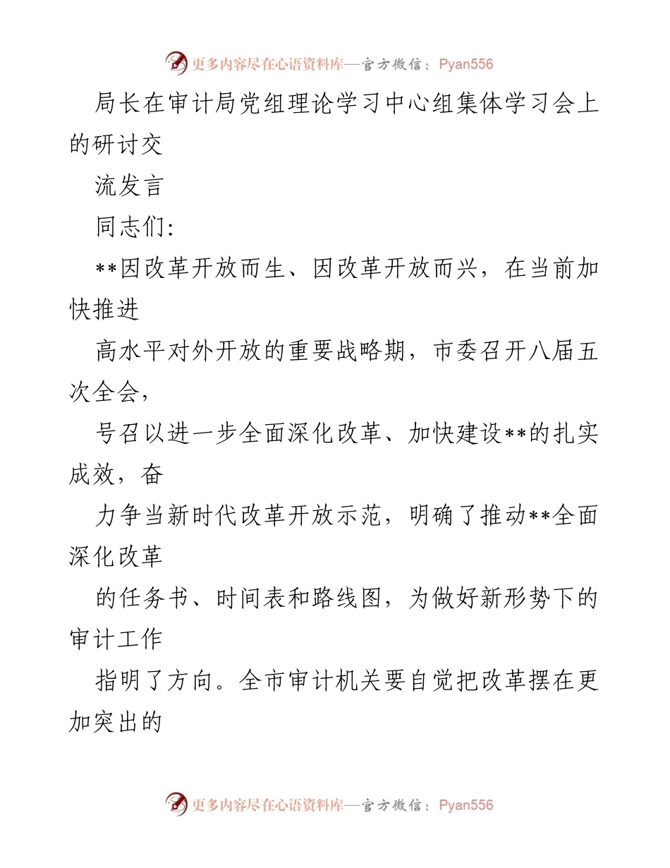 [发言] 理论学习中心组集体学习会 - 深化改革背景下的审计工作新思路.docx_第1页