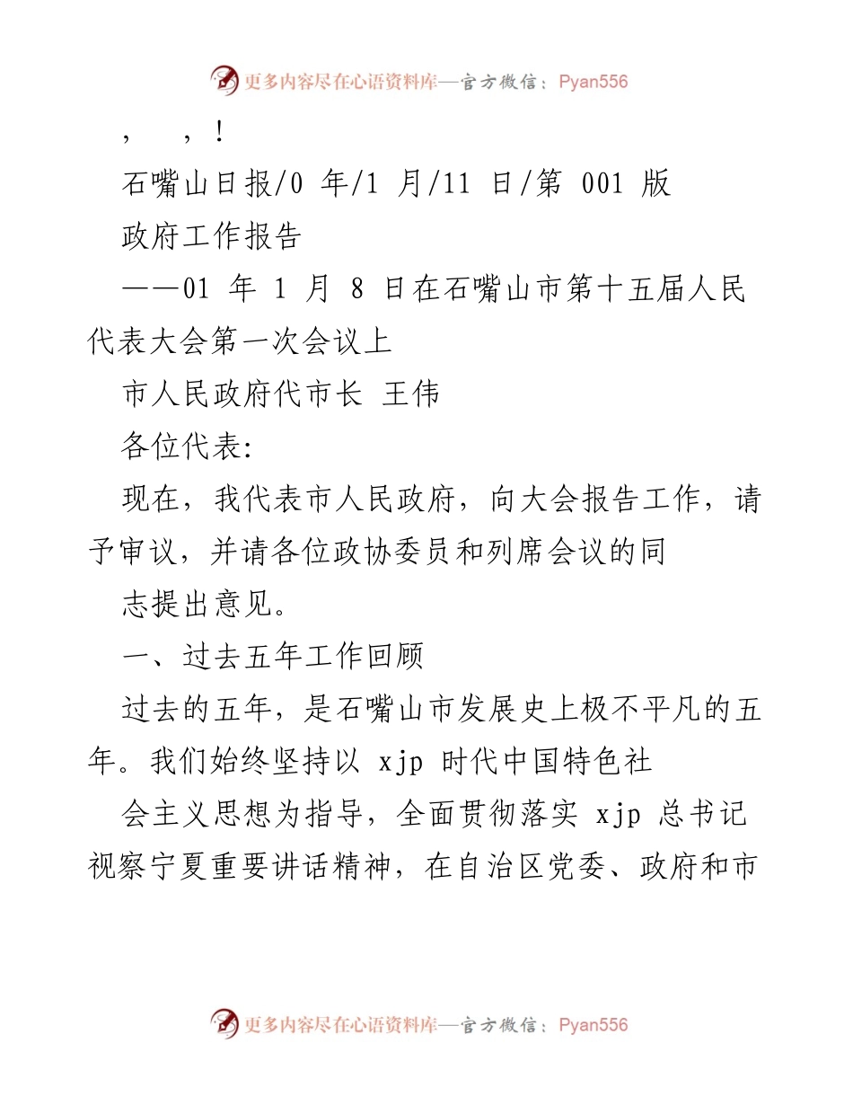 [发言] 石嘴山市政府工作报告总结与展望.docx_第1页