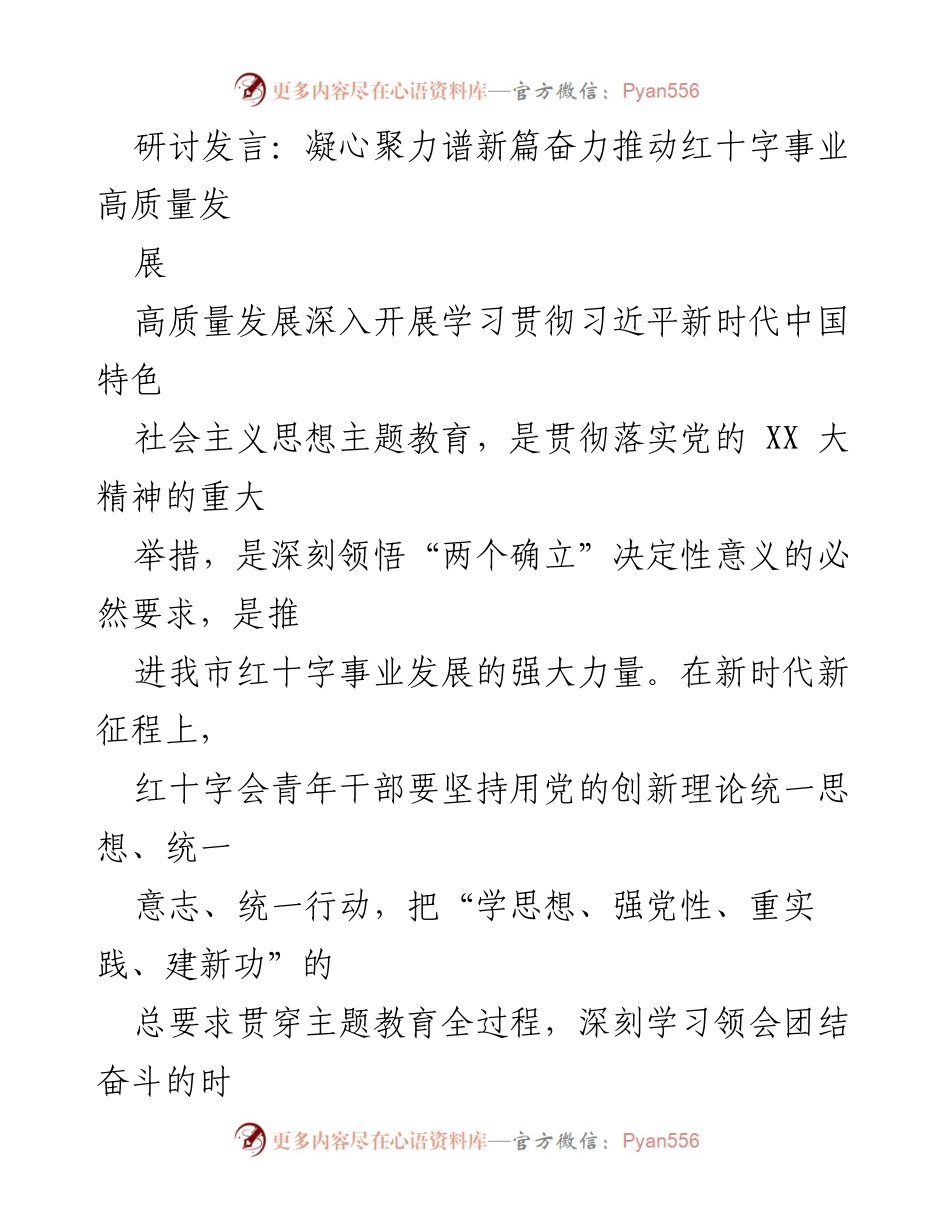 [发言] 研讨会 - 凝心聚力，推动红十字事业高质量发展.docx_第1页