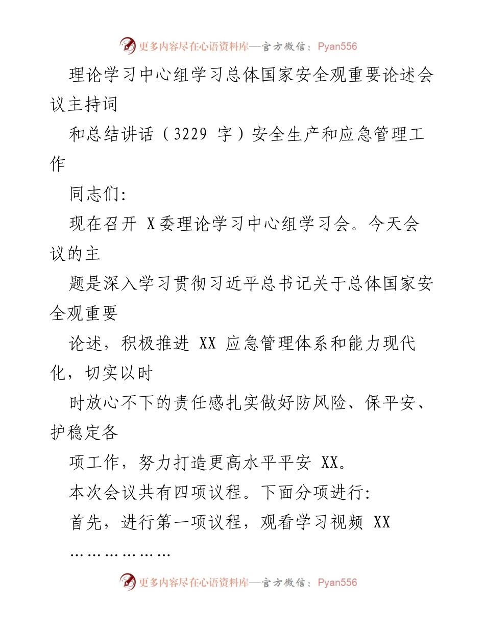 [发言] 理论学习中心组学习会 - 深入学习贯彻总体国家安全观，推动应急管理现代化.docx_第1页