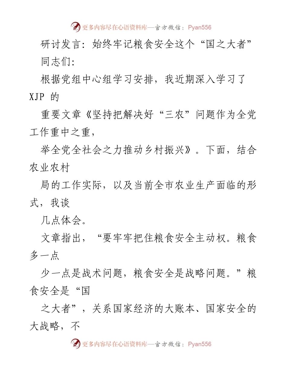 [发言] 研讨会 - 始终牢记粮食安全的重要性.docx_第1页