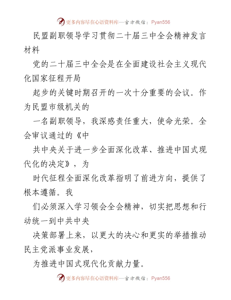 [发言] 民盟市级机关 - 深入学习贯彻二十届三中全会精神的责任与使命.docx_第1页